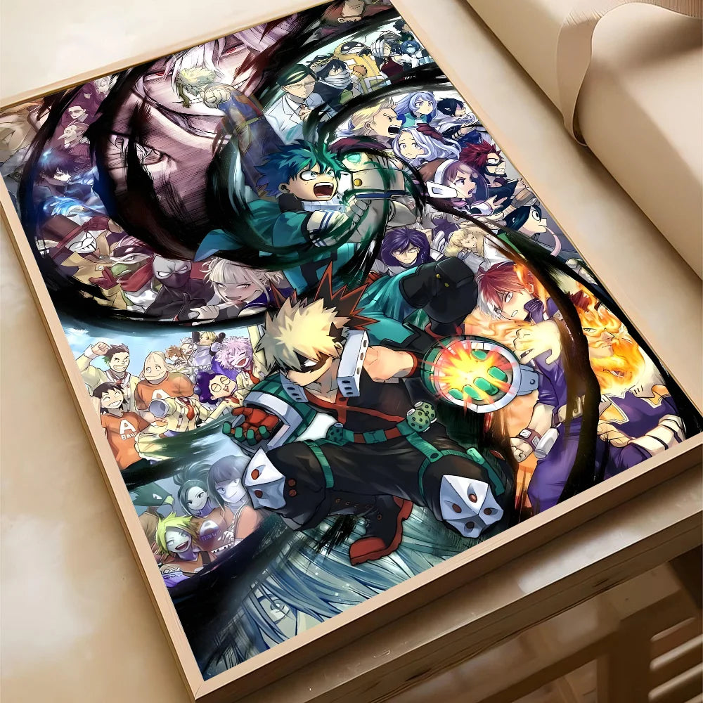 A vibrant anime poster featuring Deku from My Hero Academia in an action pose against a dark background.