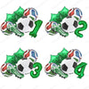A set of six soccer-themed balloons featuring green and white patterns with green ribbons.