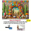 A colorful Mexican fiesta photography backdrop featuring cacti, a fan, and a hat design.