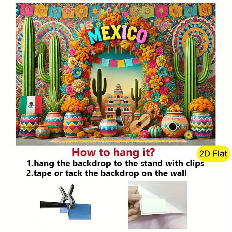 A colorful Mexican fiesta photography backdrop featuring cacti, a fan, and a hat design.