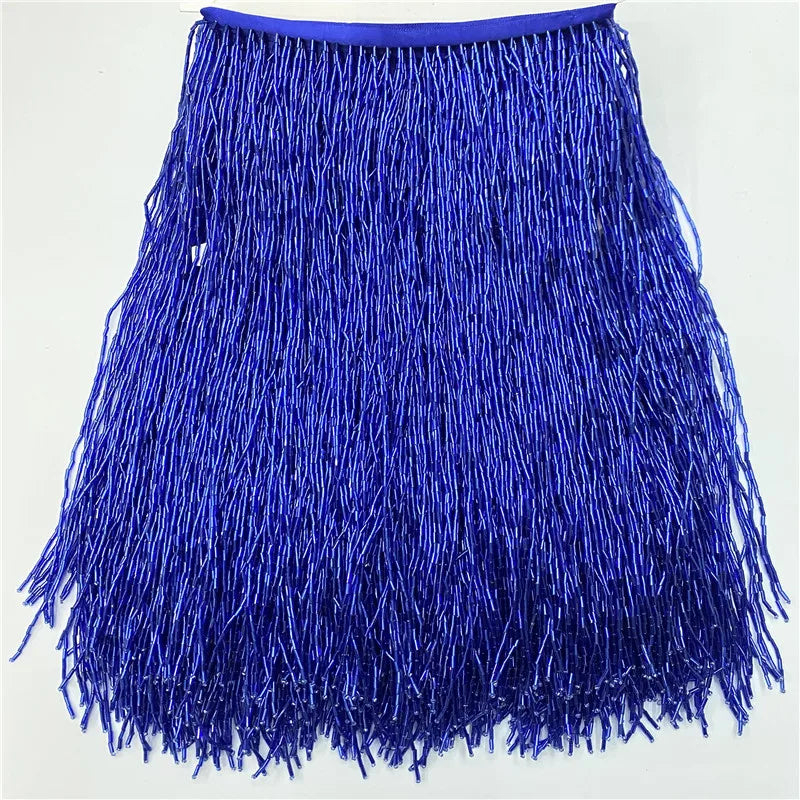 Deep blue beaded tassel fringe trim for curtains and DIY projects