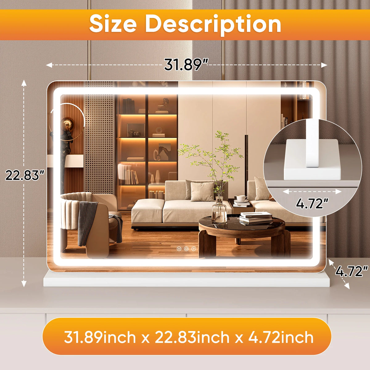 Rechteckiger dimmbarer LED-Vorspiegel mit Maßen 31,89 x 22,83 Zoll und Tiefe 4,72 Zoll.