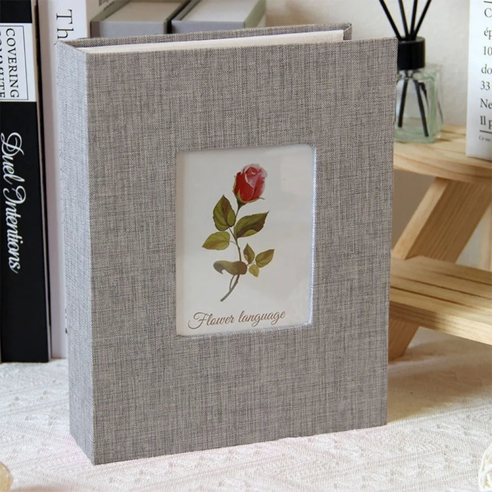 A gray linen cover photo album with a square window displaying a red rose and the text Flower language.