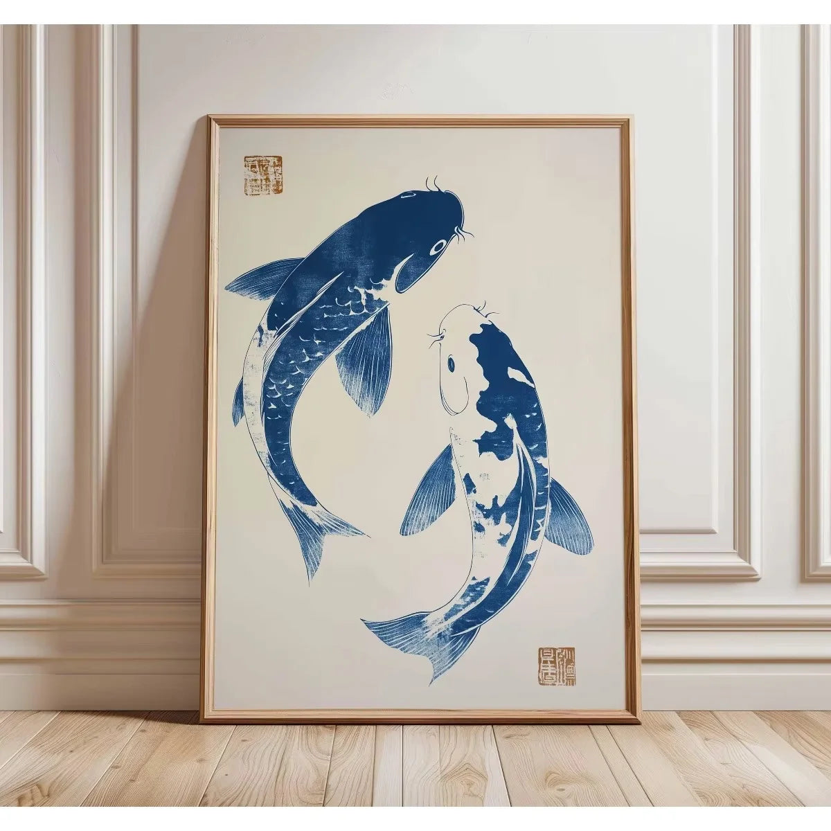 Blue watercolor painting of a tiger cat silhouette on canvas framed in gold