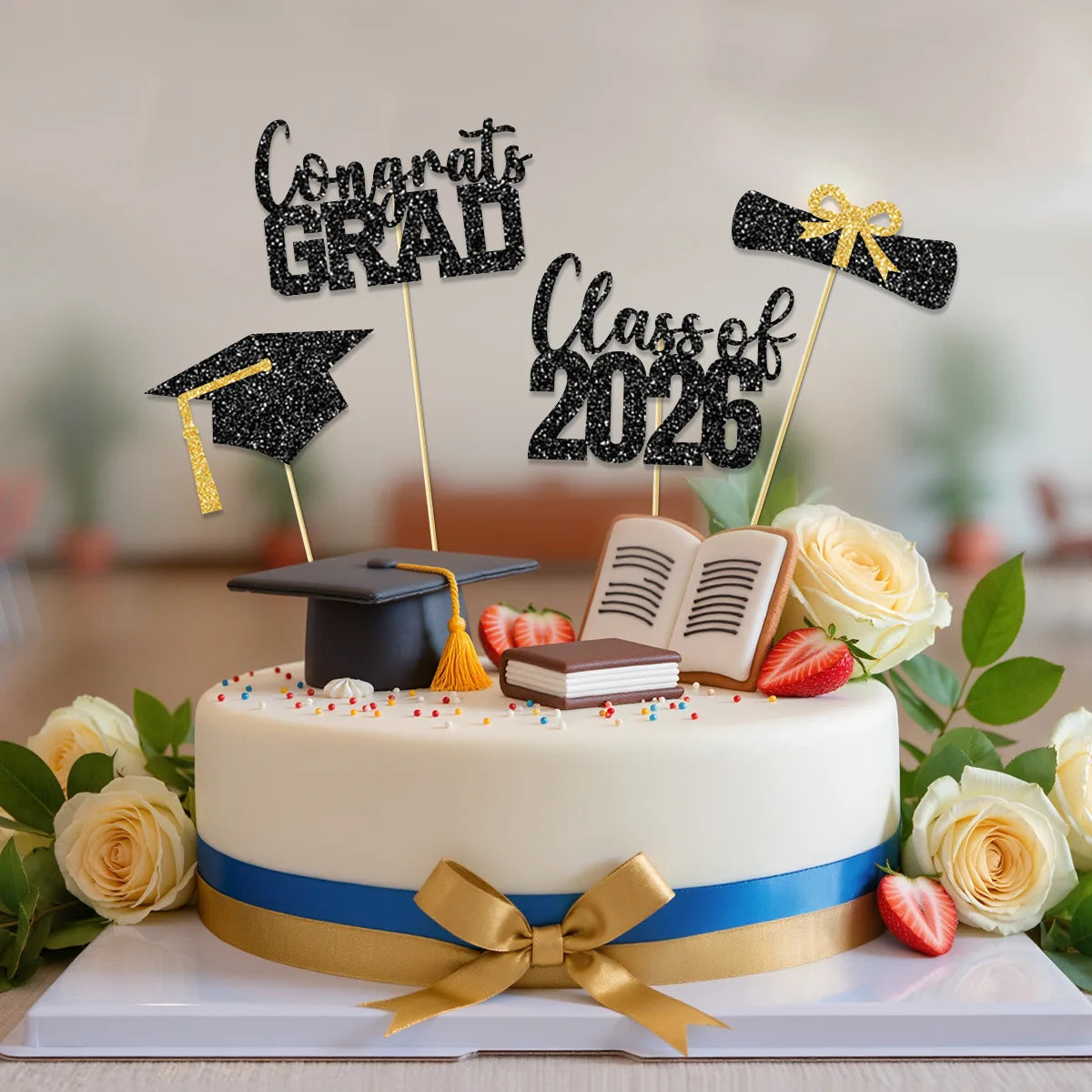 A white graduation cake decorated with black and gold glitter toppers, including 'Congrats Grad' and 'Class of 2026'.