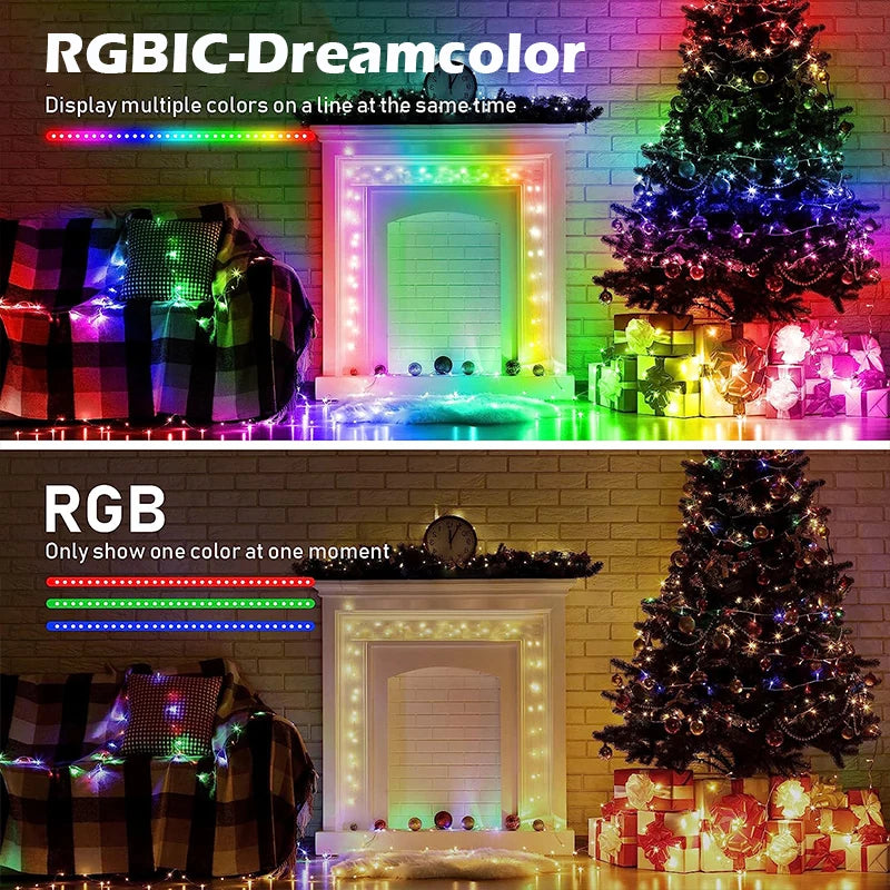 RGBIC-Dreamcolor lights display multiple colors on a line and a Christmas tree.