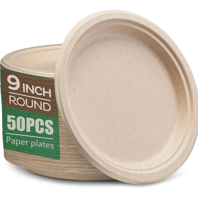A round, light tan paper plate is shown with packaging indicating 9 inch plates and a 50-piece pack.