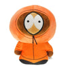 An orange plush toy resembling a cartoon character with large eyes and a hood.
