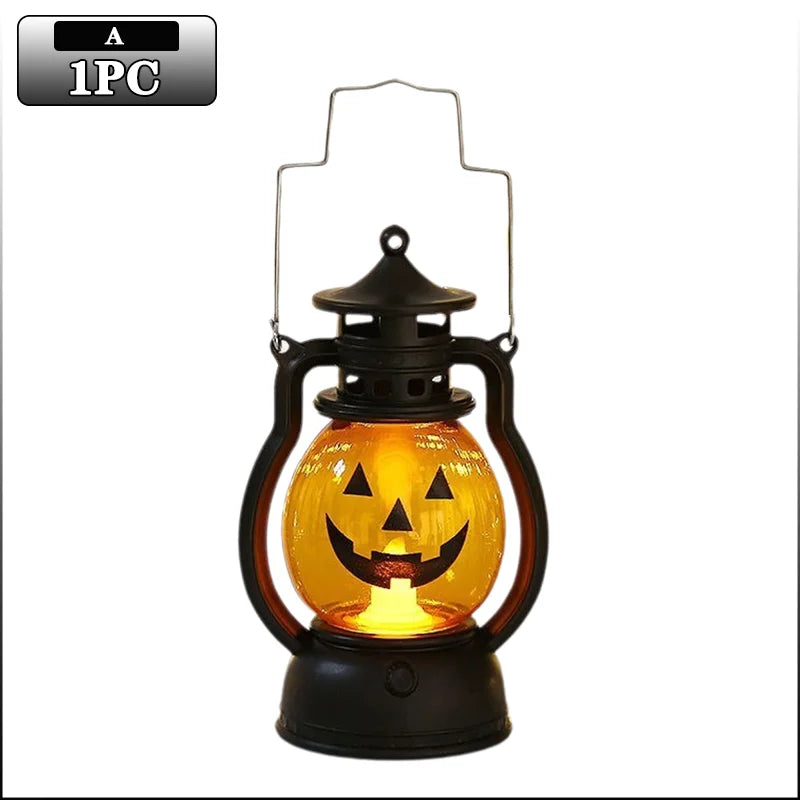 A black lantern shaped like a carved jack-o'-lantern with an orange glow and a spooky face design.