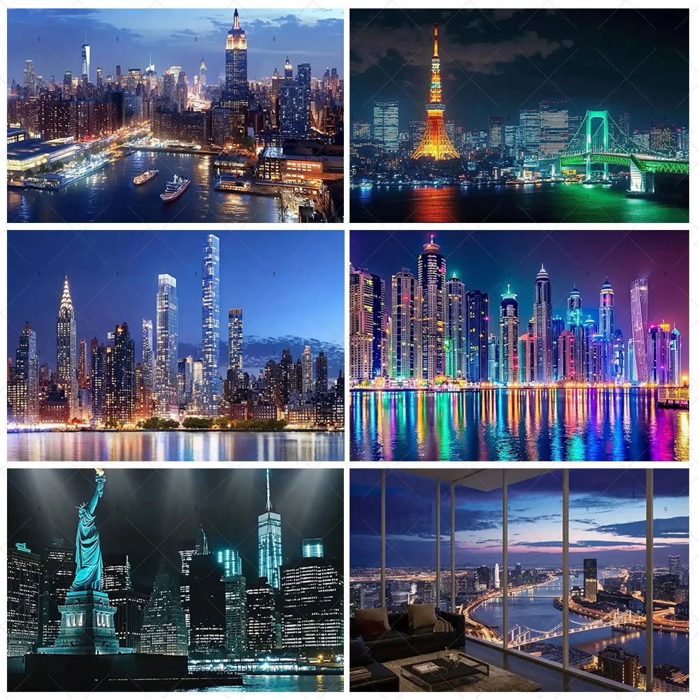 A collage of nighttime city skylines featuring various high-rise buildings and bridges.
