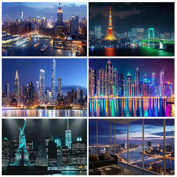 A collage of nighttime city skylines featuring various high-rise buildings and bridges.