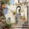 A watercolor painting depicting a traditional white stucco building with stone steps and potted plants, framed by an olive tr