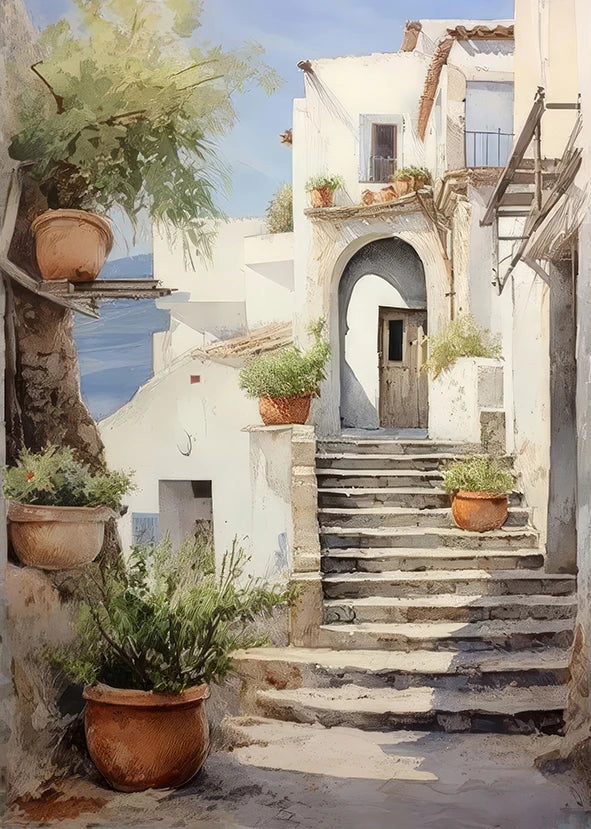 A watercolor painting depicting a traditional white stucco building with stone steps and potted plants, framed by an olive tr