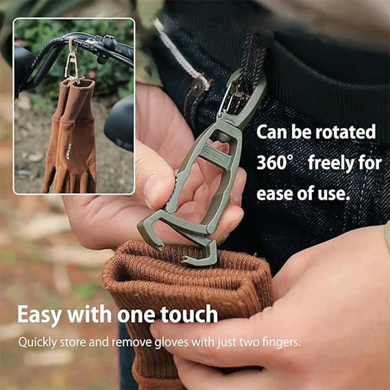 A hand holds a durable glove clip holder used to quickly store and remove gloves with one touch.