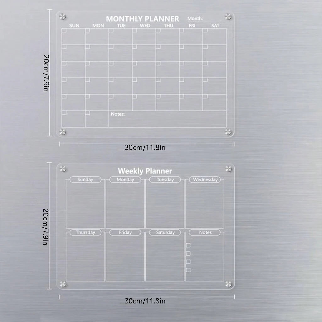 A set of magnetic acrylic dry erase fridge planners showing monthly and weekly layouts.