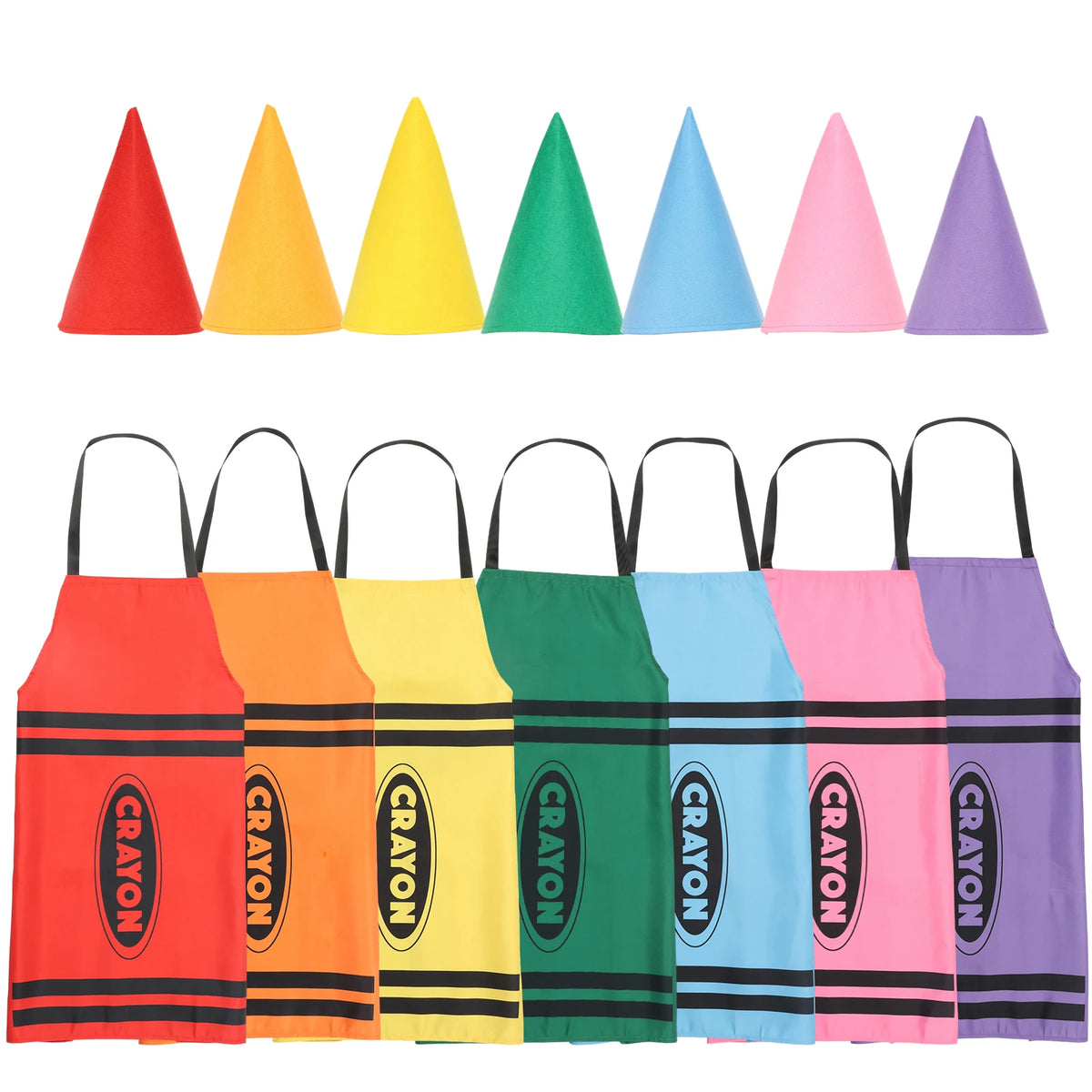 A set of seven colorful crayon apron and cone hat costumes displayed in a row.