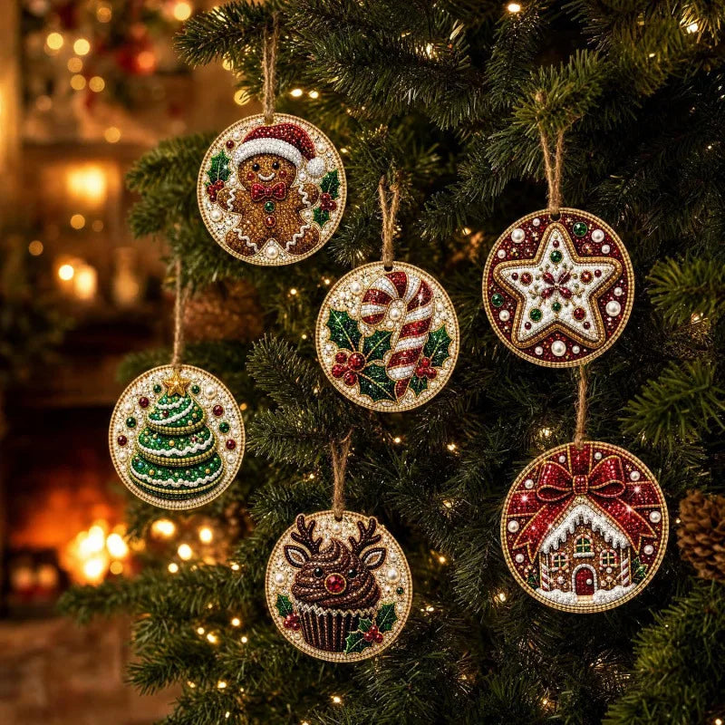 Christmas diamond painting ornaments featuring Santa, a snowman, and reindeer pendants hanging on a green fir tree.