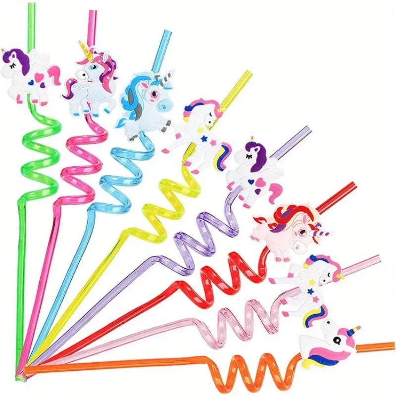 A set of colorful unicorn themed party supplies including pipe cleaners and decorations.