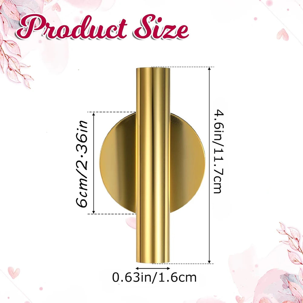 A vertical gold metal vase or cylinder shown with its dimensions for a minimalist wall-mounted design.