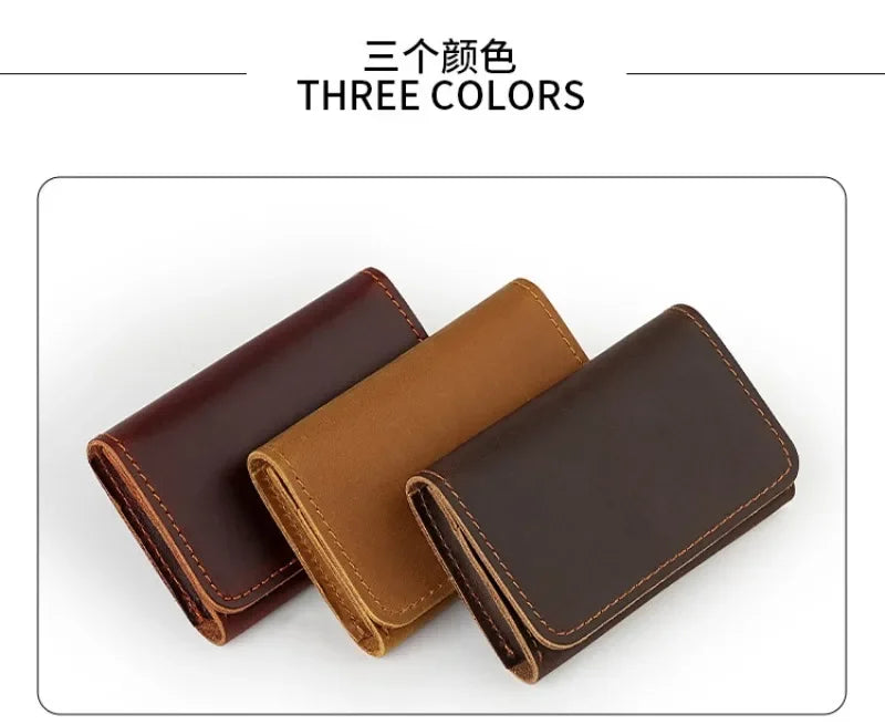 Three colors of vintage leather card holders displayed together.