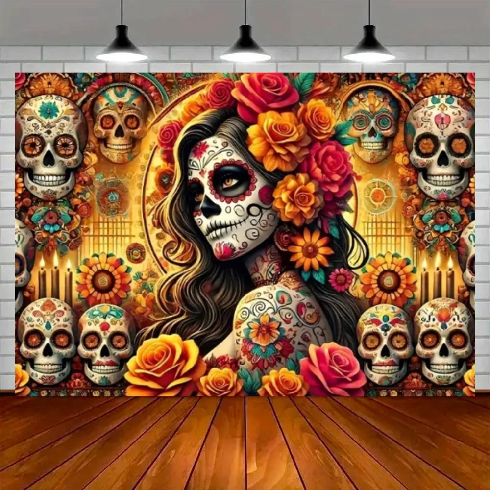 Day of the Dead Skeleton Carnival Backdrop for Halloween Party Decorations