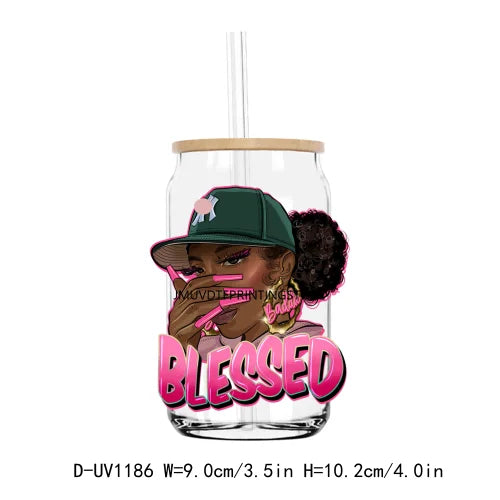 A clear tumbler with a black and pink graphic featuring an afro girl and the word Blessed
