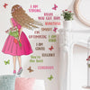A pink dress-clad figure stands next to a white fireplace mantel decorated with inspirational text and butterflies.