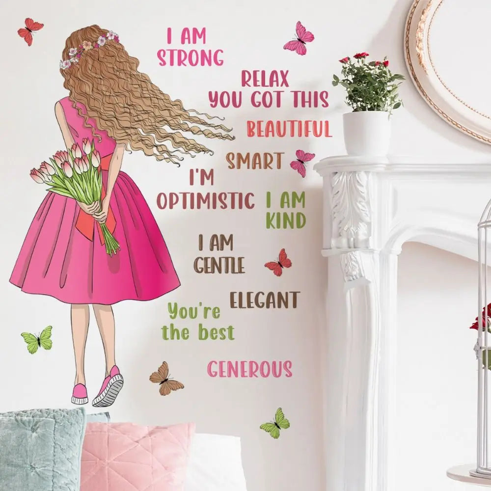 A pink dress-clad figure stands next to a white fireplace mantel decorated with inspirational text and butterflies.