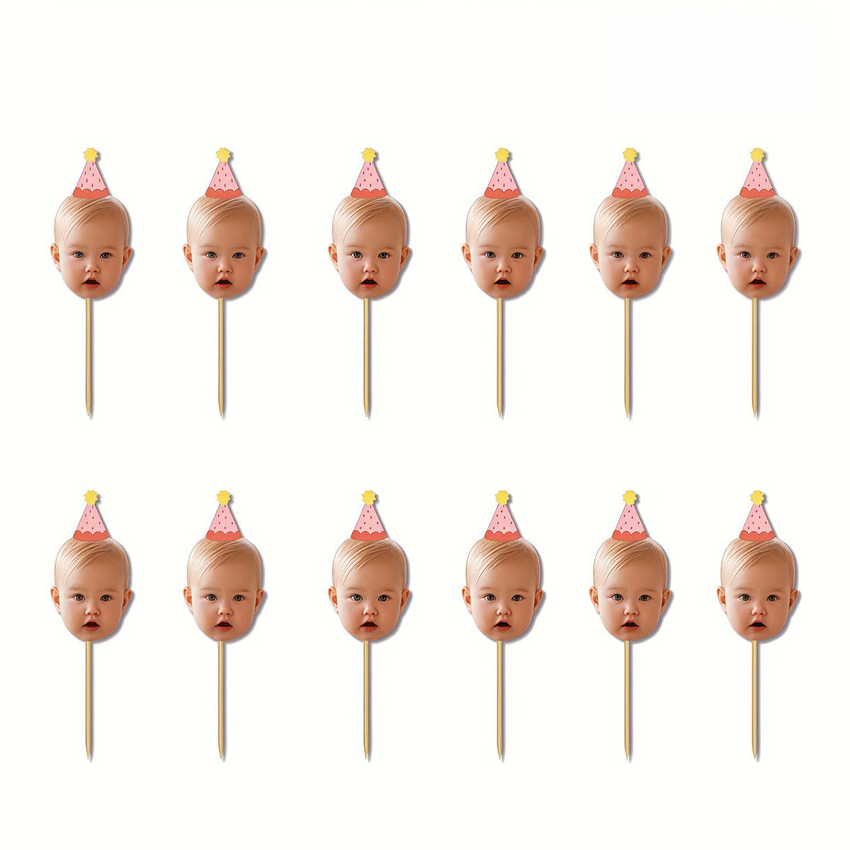 A set of ten personalized baby photo cupcake toppers featuring baby faces on pink and yellow conical shapes.