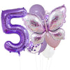A set of purple foil balloons shaped like the number 5 and a butterfly