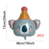 Gray foil balloon shaped like a jungle animal face with a striped yellow and pink cone on top