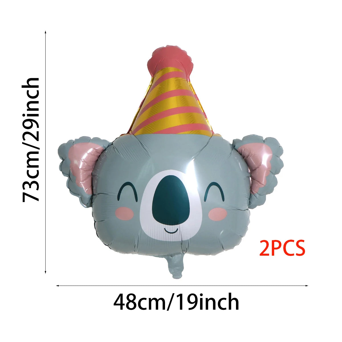 Gray foil balloon shaped like a jungle animal face with a striped yellow and pink cone on top