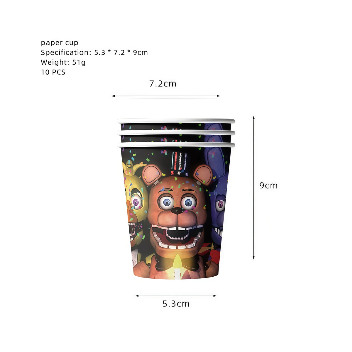 A set of paper cups featuring Five Nights at Freddy's characters for a birthday party kit.