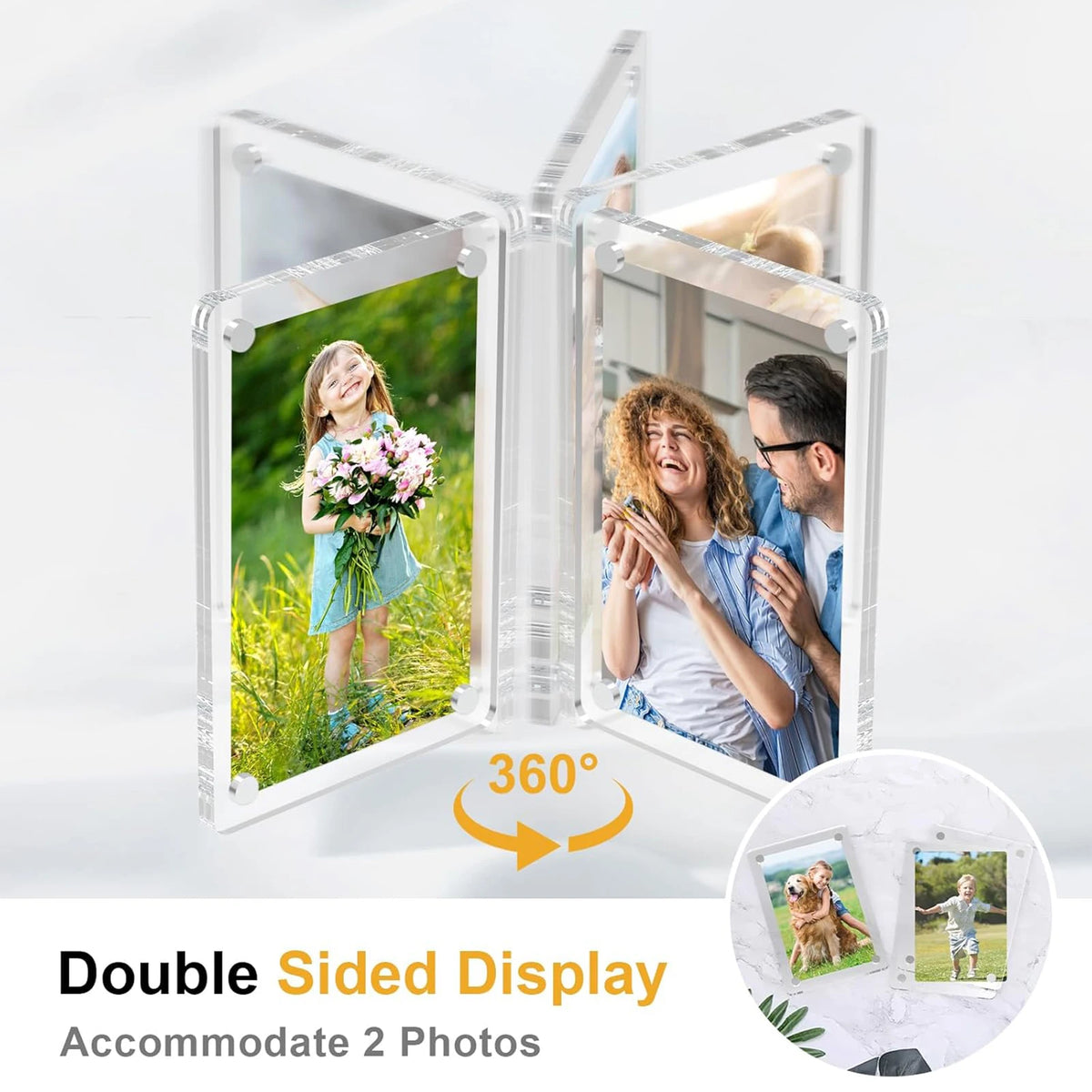 Double sided display clear acrylic photo frames for fridge accommodating two photos