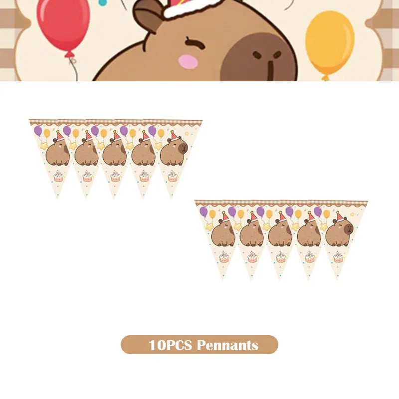A set of ten pennants featuring cute capybara illustrations for a birthday party decoration kit.
