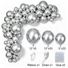 A silver latex balloon garland kit showing various sizes of balloons, ribbon, chain, and glue.