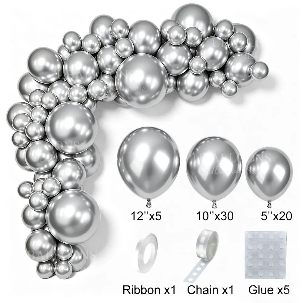 A silver latex balloon garland kit showing various sizes of balloons, ribbon, chain, and glue.