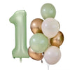 A cluster of olive green and gold foil balloons shaped like the number one.