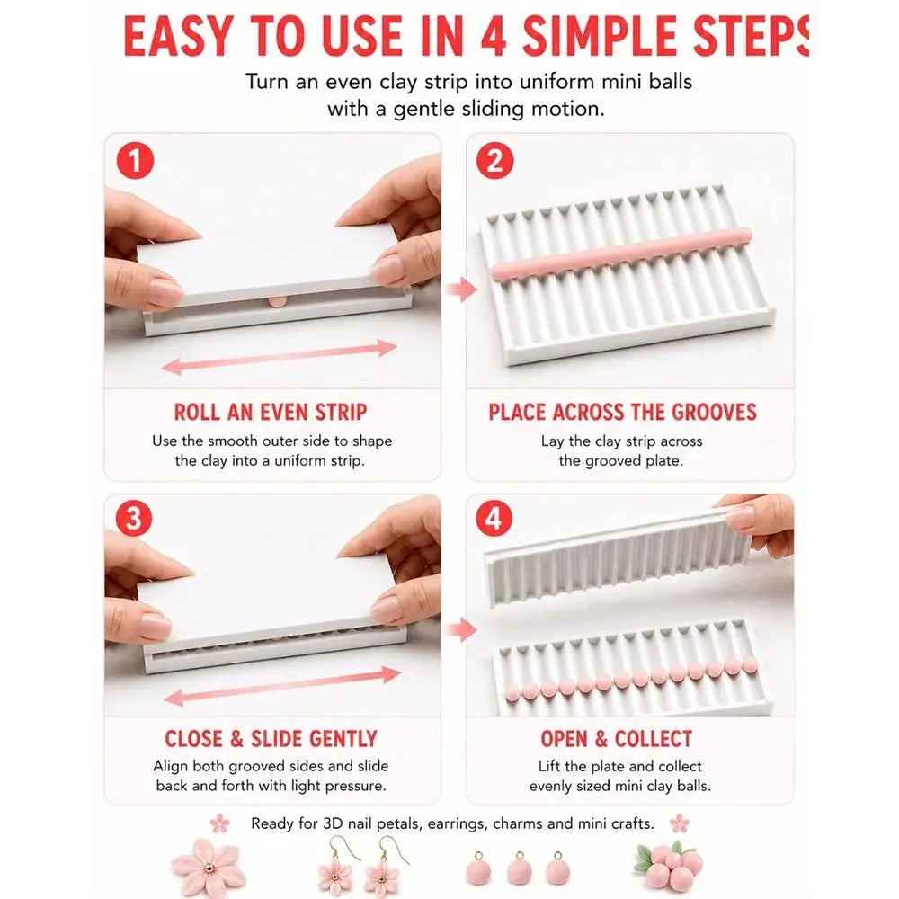 A four-step process for turning a clay strip into uniform mini balls using a sliding motion.