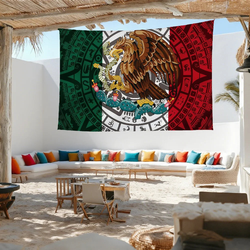A decorative banner featuring a stylized eagle in gold and brown against a background of green, white, and red patterns.
