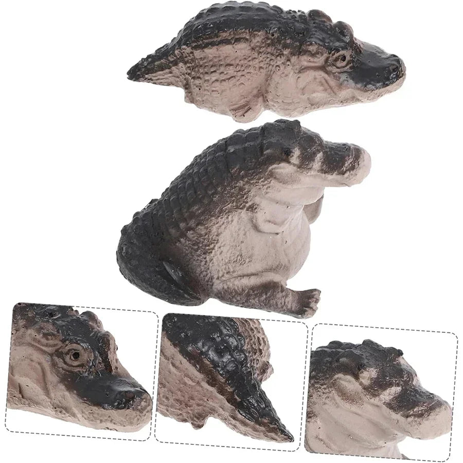 A handmade resin crocodile tea pet ornament shown from multiple angles.