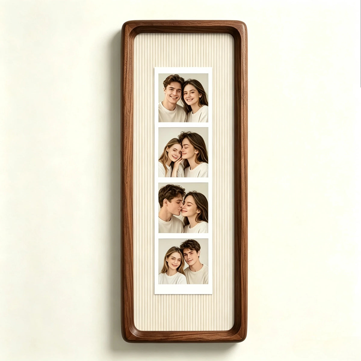 A vertical photo strip frame with a walnut wood border displaying six portrait photos of a couple.