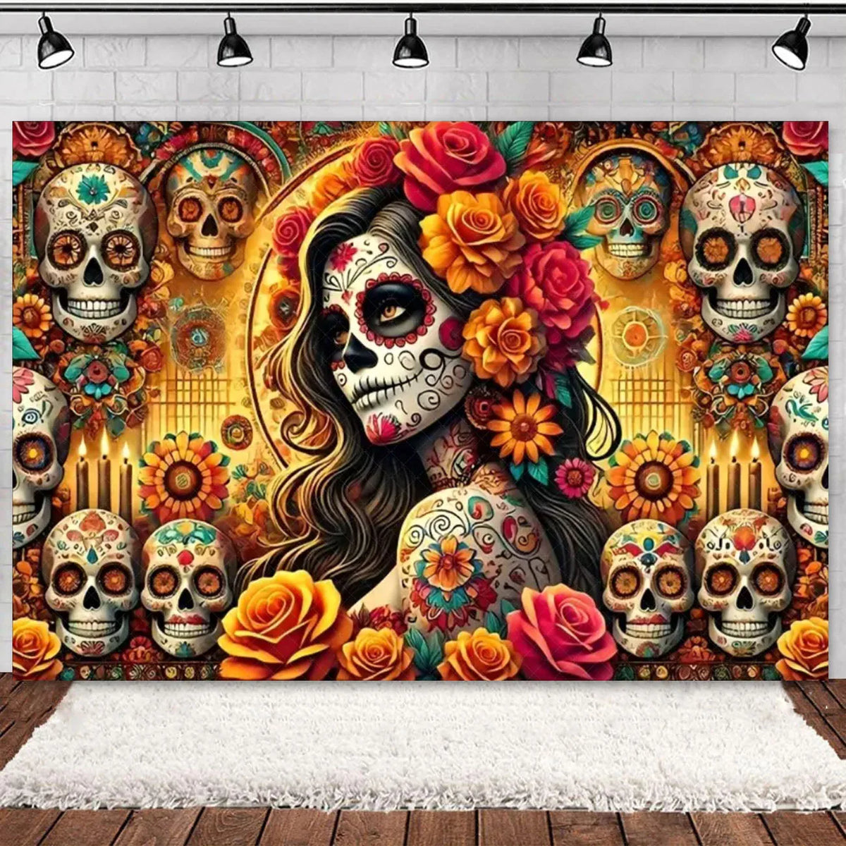 Day of the Dead Skeleton & Floral Backdrop for Party Photo Booth