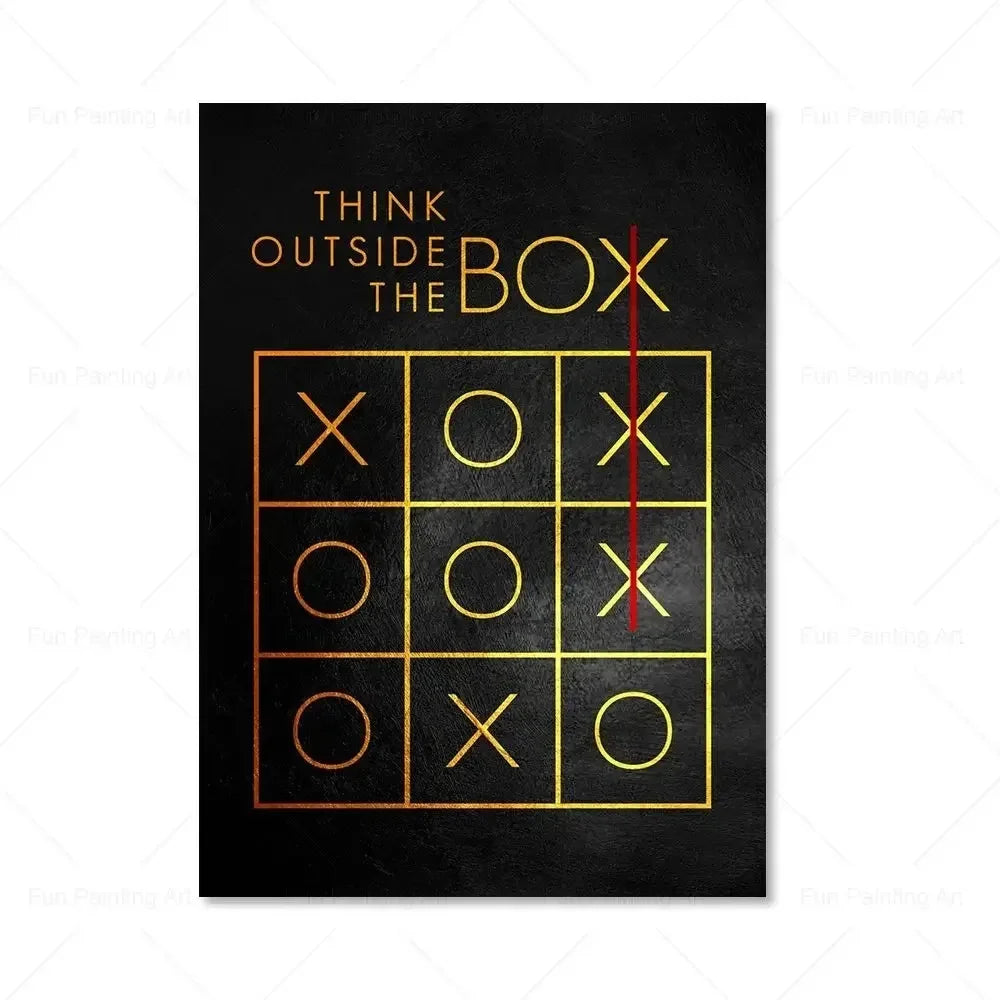 A black canvas art piece featuring a grid of 'X's and 'O's with the text THINK OUTSIDE THE BOX.