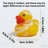 A yellow rubber duck with orange beak and white stripes, shown against a white background.