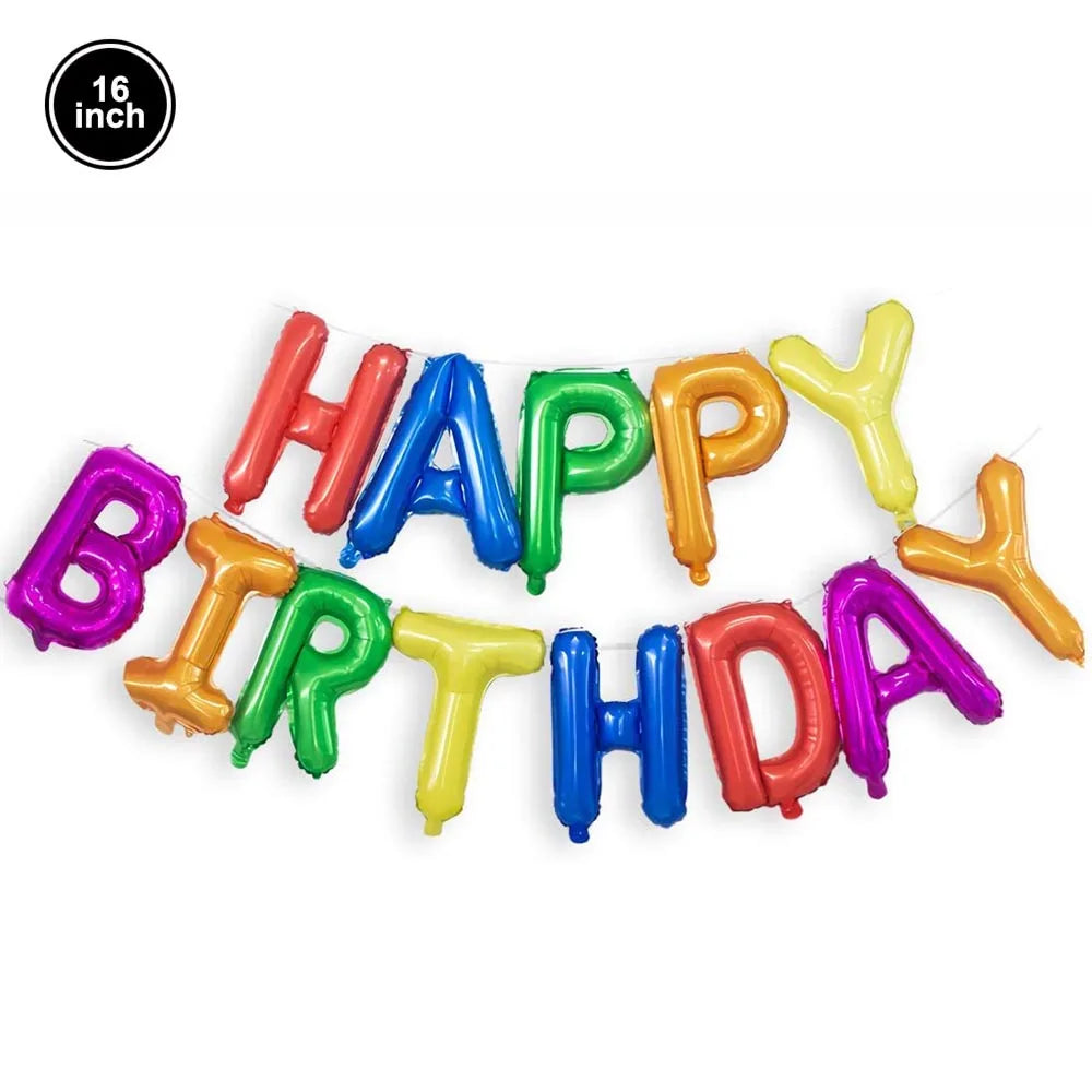 A set of foil balloon letters spelling HAPPY BIRTHDAY in various bright colors.
