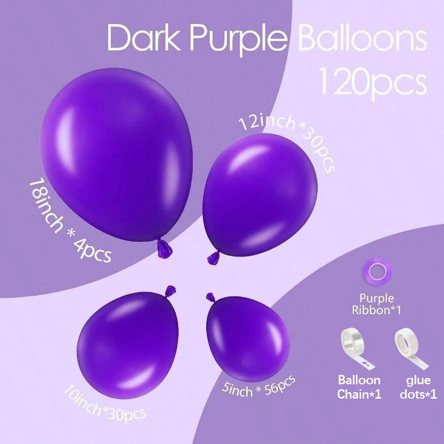 A collection of dark purple latex balloons, including 18 inch and 5 inch sizes, along with purple ribbon and glue dots.