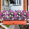 A vibrant mixed planting of purple, pink, and white artificial flowers in an orange planter on a wooden railing.