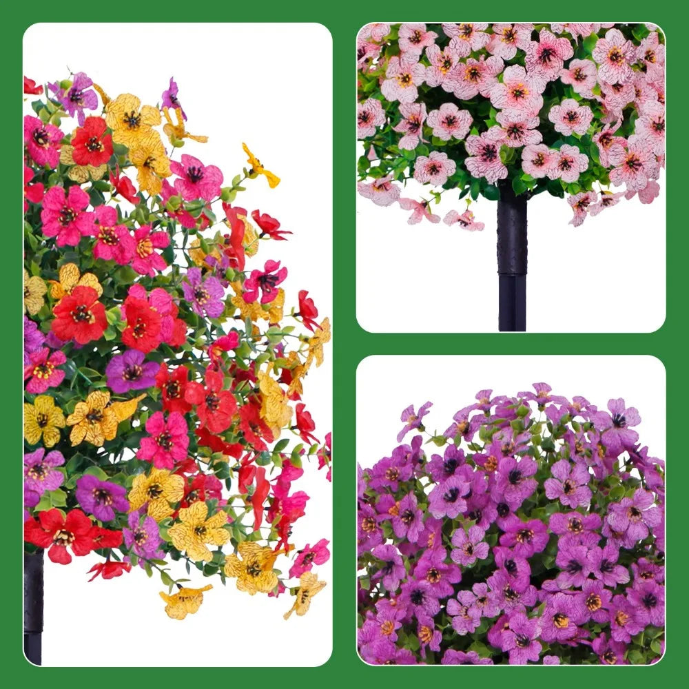 Artificial eucalyptus violet flowers in various shades of pink, red, yellow, and purple on a black stem.