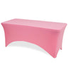 A solid pink stretch fitted spandex table cover for a rectangle or folding table.